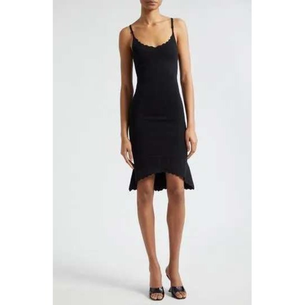L'AGENCE Asa Knit Black Scalloped Ribbed Midi Dress High-Low Hem Size Large